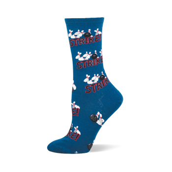 Blue crew socks with a repeating pattern of black bowling balls hitting white pins and the word "STRIKE!" in red.