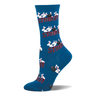Blue crew socks with a repeating pattern of black bowling balls hitting white pins and the word "STRIKE!" in red.