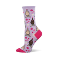 One purple crew sock with repeating middle finger gestures in multiple skin tones, pink hearts, and flowers. Bright pink heel and toe.