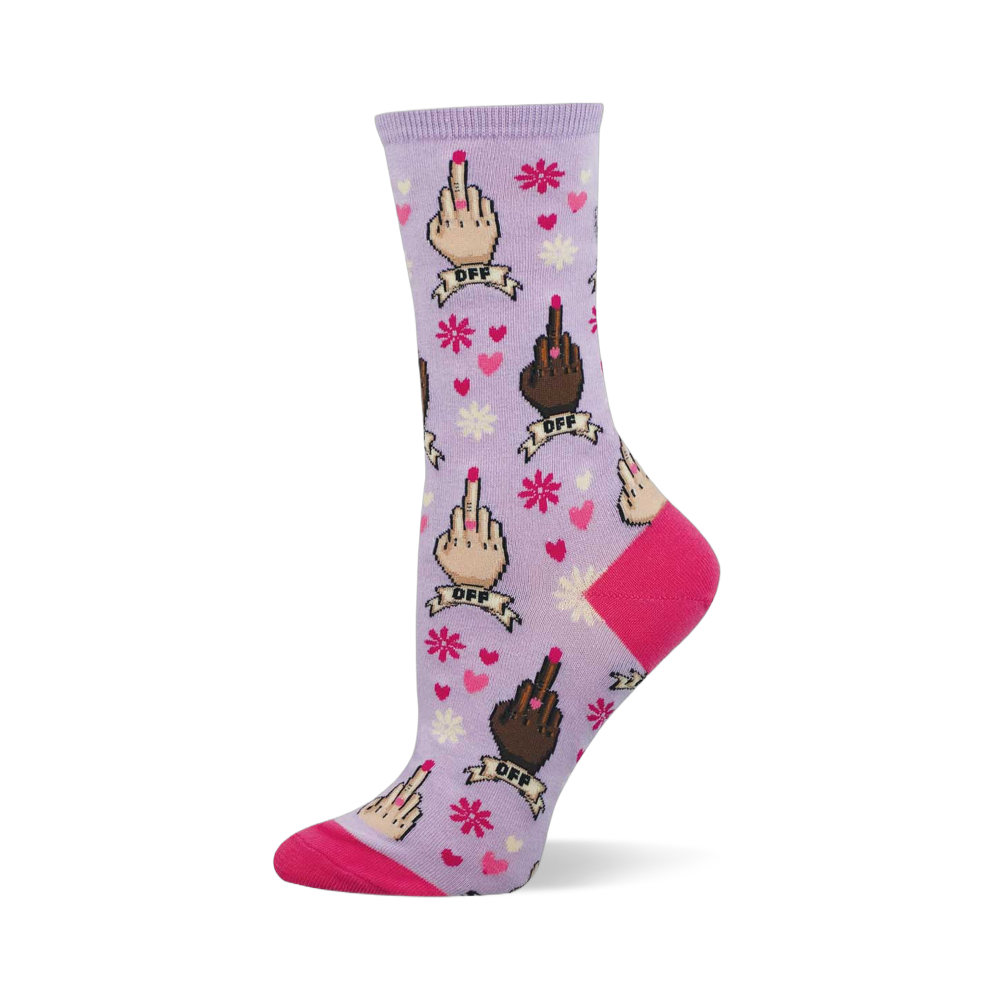 One purple crew sock with repeating middle finger gestures in multiple skin tones, pink hearts, and flowers. Bright pink heel and toe.