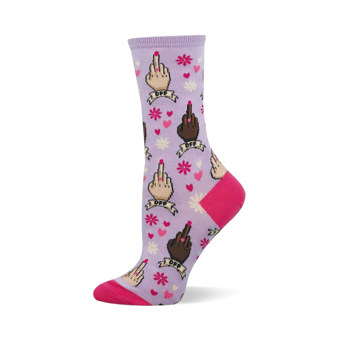 One purple crew sock with repeating middle finger gestures in multiple skin tones, pink hearts, and flowers. Bright pink heel and toe. }}
