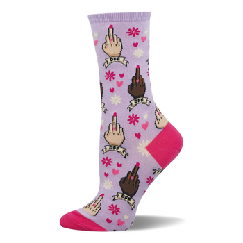One purple crew sock with repeating middle finger gestures in multiple skin tones, pink hearts, and flowers. Bright pink heel and toe.