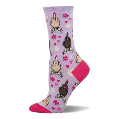 One purple crew sock with repeating middle finger gestures in multiple skin tones, pink hearts, and flowers. Bright pink heel and toe.