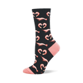 Black crew sock with repeating pattern of reddish-pink shrimp and shrimp-formed heart shapes. Features soft pink toe and heel.