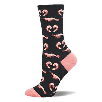 Black crew sock with repeating pattern of reddish-pink shrimp and shrimp-formed heart shapes. Features soft pink toe and heel.