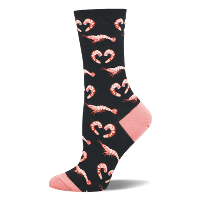 Black crew sock with repeating pattern of reddish-pink shrimp and shrimp-formed heart shapes. Features soft pink toe and heel.