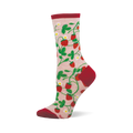 Crew sock with light pink base, covered in red strawberries, green vines and leaves, and white flowers. Red cuff, heel, and toe.