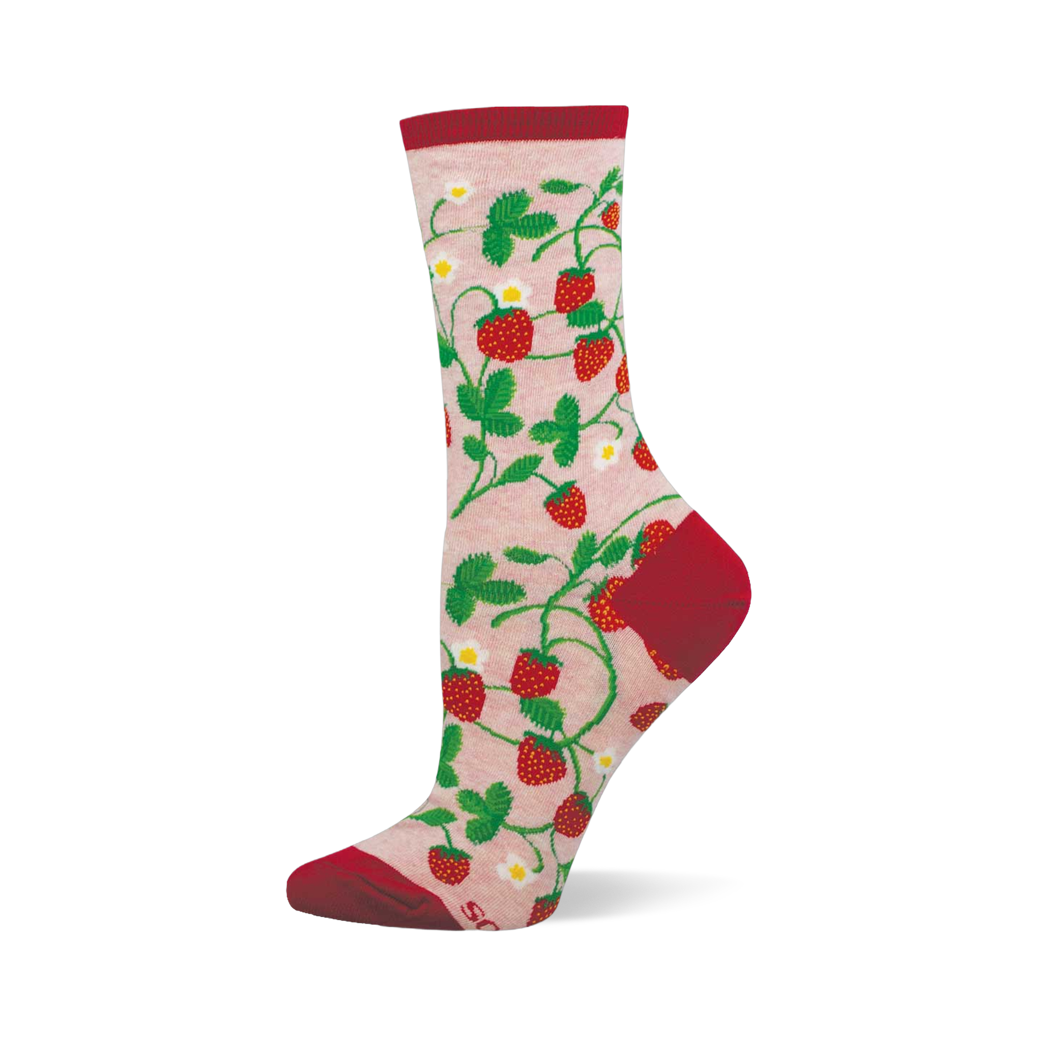Crew sock with light pink base, covered in red strawberries, green vines and leaves, and white flowers. Red cuff, heel, and toe.