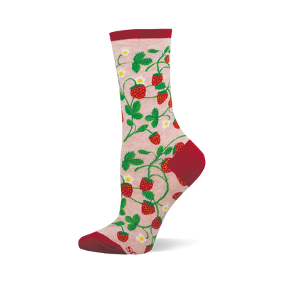 Crew sock with light pink base, covered in red strawberries, green vines and leaves, and white flowers. Red cuff, heel, and toe.