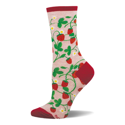 Crew sock with light pink base, covered in red strawberries, green vines and leaves, and white flowers. Red cuff, heel, and toe.