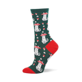 Green crew sock with red heel and toe. The pattern shows white sitting cats wearing red and white mushroom caps as hats.