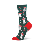 Green crew sock with red heel and toe. The pattern shows white sitting cats wearing red and white mushroom caps as hats.