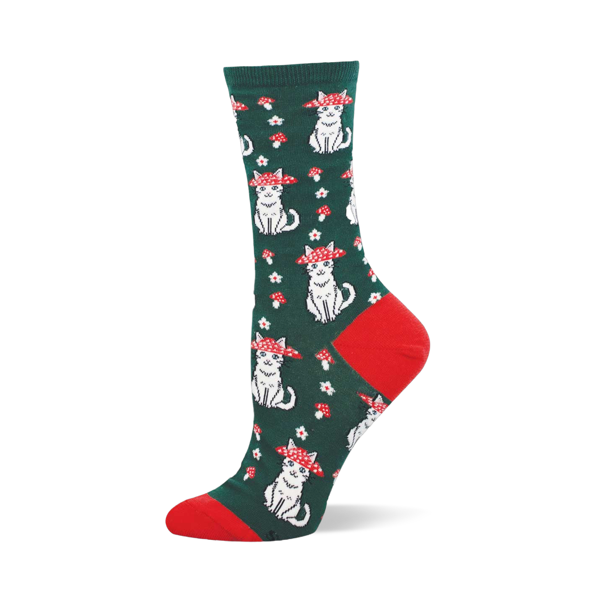 Green crew sock with red heel and toe. The pattern shows white sitting cats wearing red and white mushroom caps as hats.