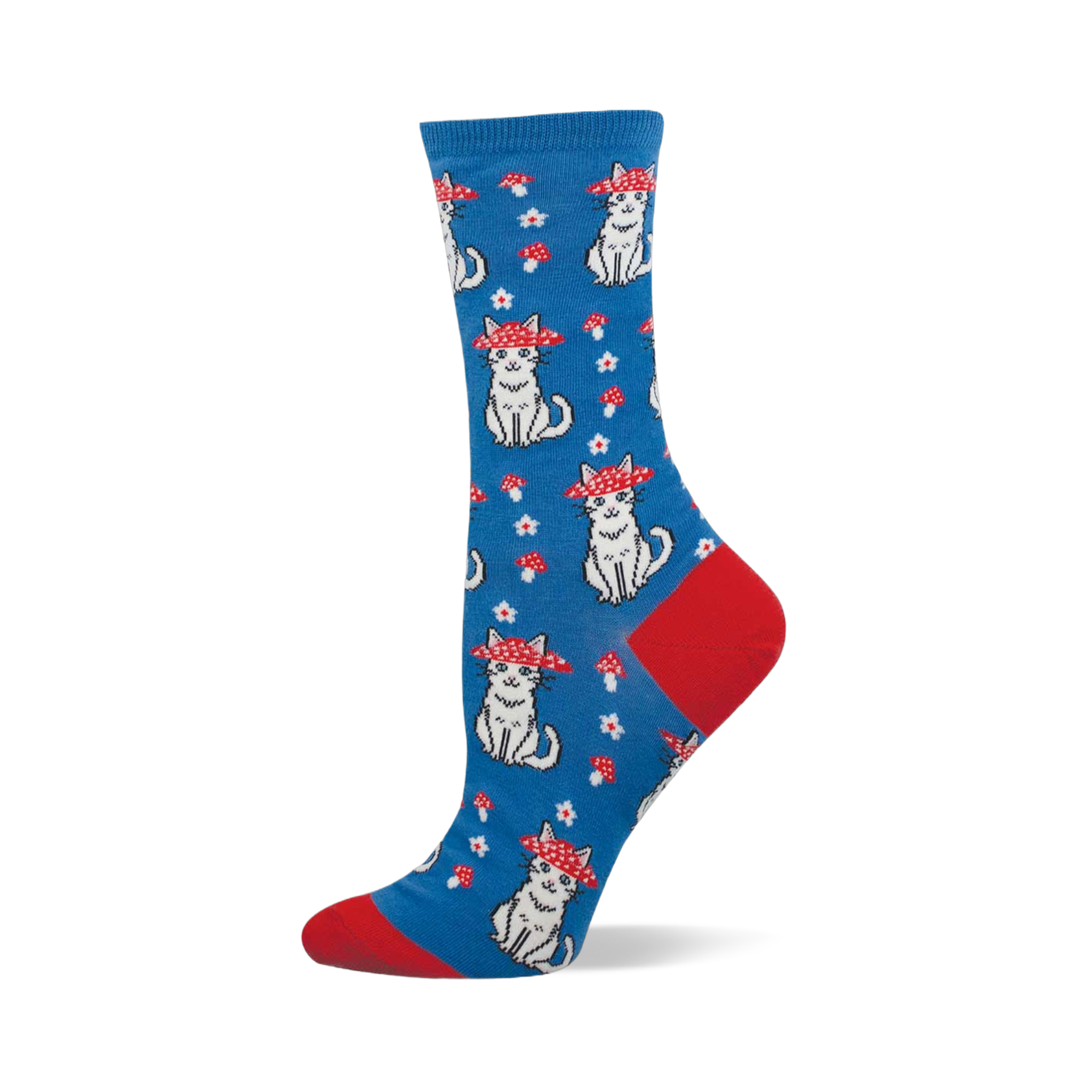Blue crew sock with a red heel and toe featuring a pattern of white cats wearing red mushroom caps alongside tiny flowers.