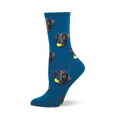 Crew sock in deep blue with a repeating pattern of black Labrador faces, each holding a yellow tennis ball in its mouth.