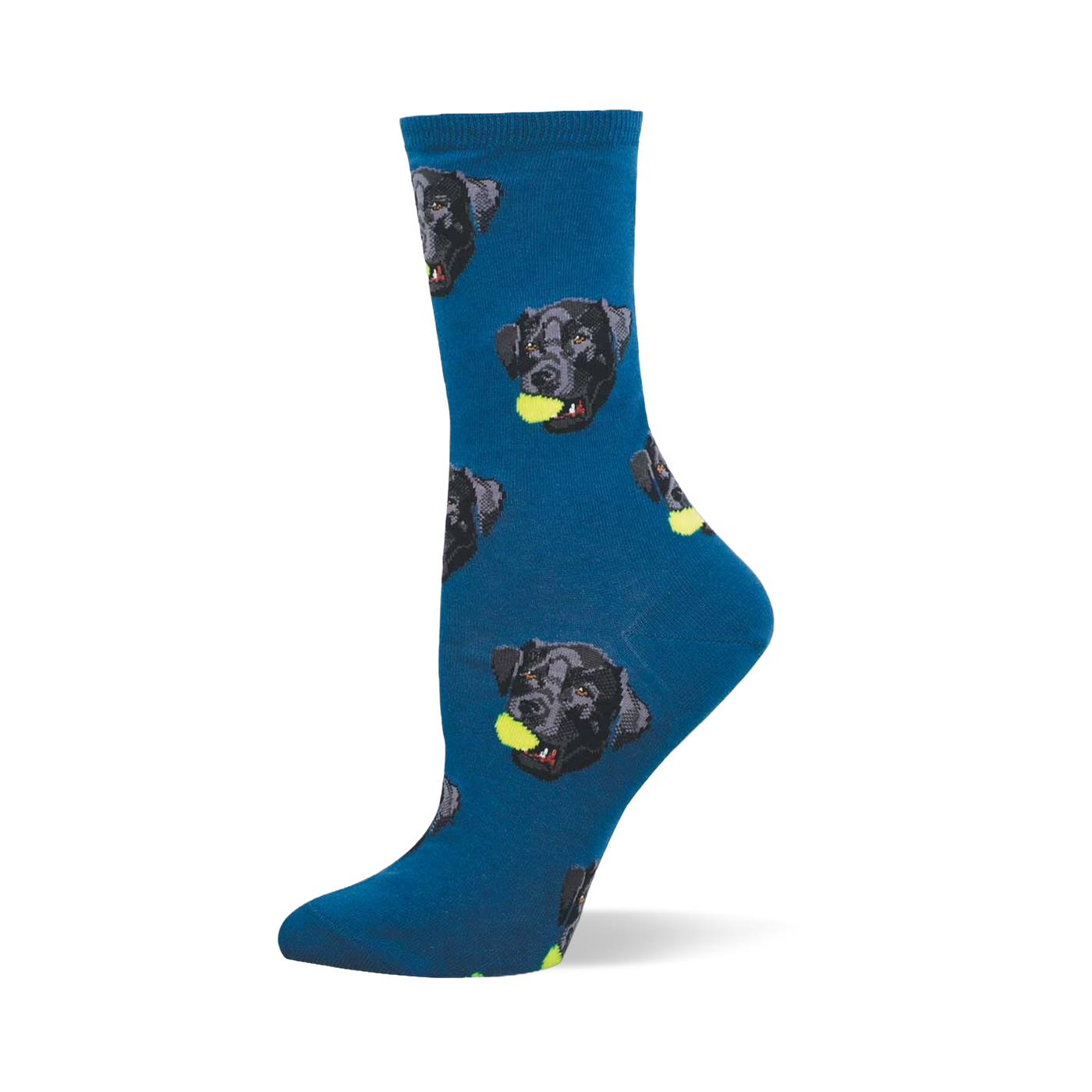 Crew sock in deep blue with a repeating pattern of black Labrador faces, each holding a yellow tennis ball in its mouth.