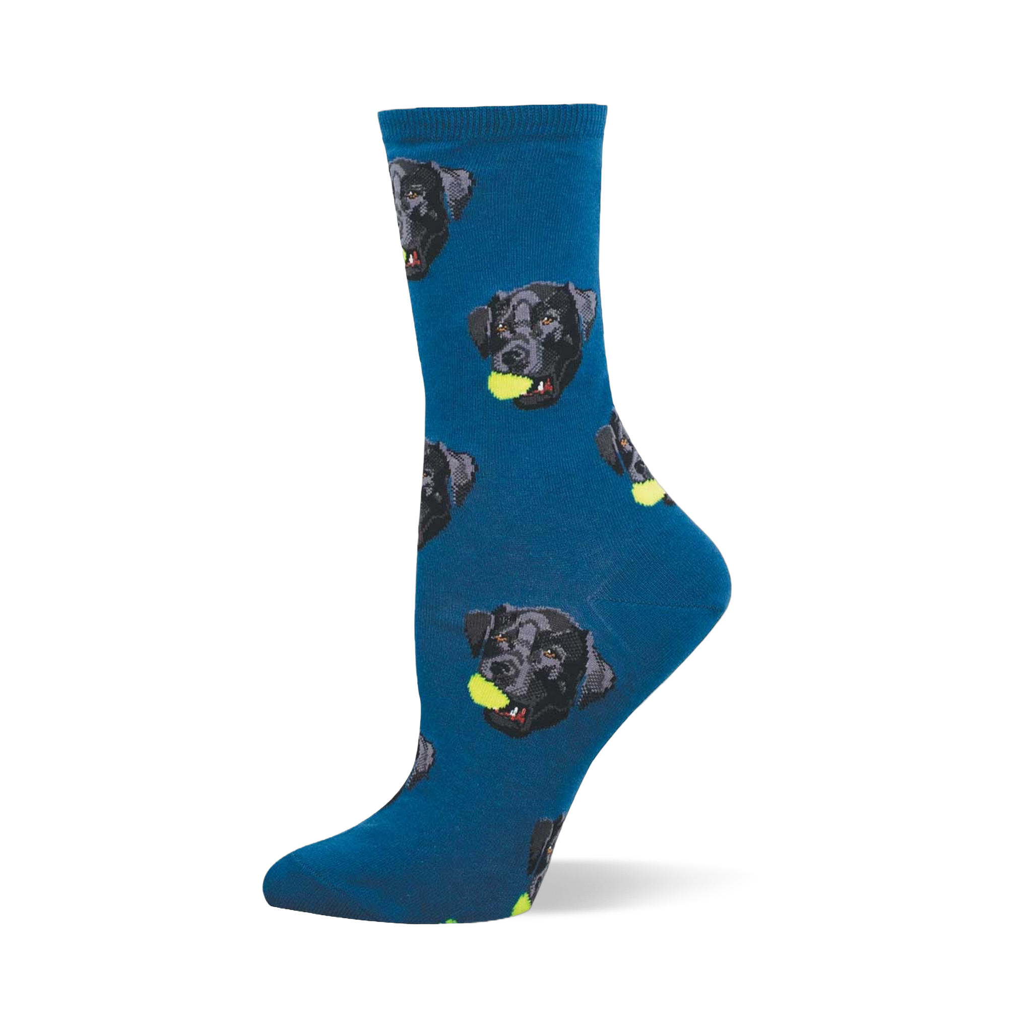 Crew sock in deep blue with a repeating pattern of black Labrador faces, each holding a yellow tennis ball in its mouth.