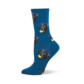 Crew sock in deep blue with a repeating pattern of black Labrador faces, each holding a yellow tennis ball in its mouth.