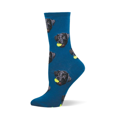 Crew sock in deep blue with a repeating pattern of black Labrador faces, each holding a yellow tennis ball in its mouth.