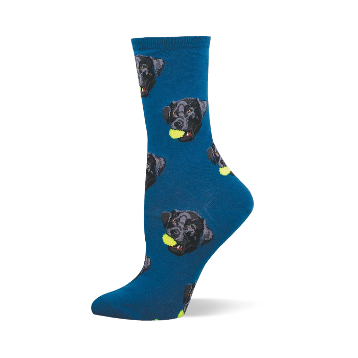 Crew sock in deep blue with a repeating pattern of black Labrador faces, each holding a yellow tennis ball in its mouth. }}