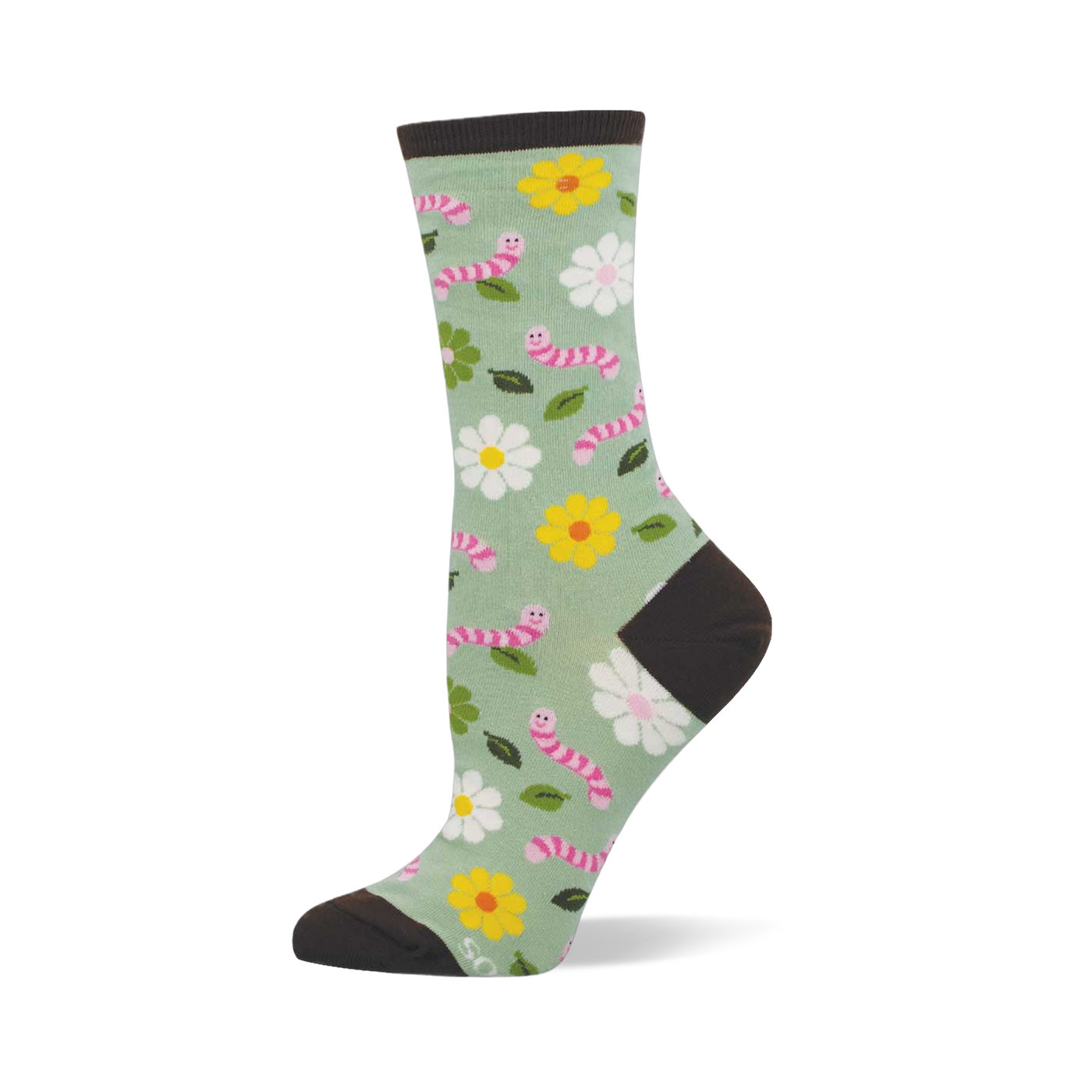 Light green crew socks with pink smiling worms, white and yellow flowers, and green leaves. Dark brown heel, toe, and cuff.