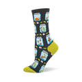 Dark grey crew socks with light blue jars containing colorful bugs like snails, lizards, and butterflies. Lime green toe/heel.
