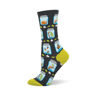 Dark grey crew socks with light blue jars containing colorful bugs like snails, lizards, and butterflies. Lime green toe/heel.