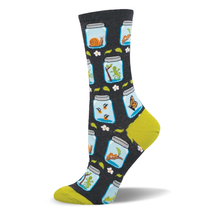 Dark grey crew socks with light blue jars containing colorful bugs like snails, lizards, and butterflies. Lime green toe/heel. }}