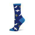 Royal blue crew sock with light blue accents, patterned with white flying doves carrying olive branches and yellow peace signs.