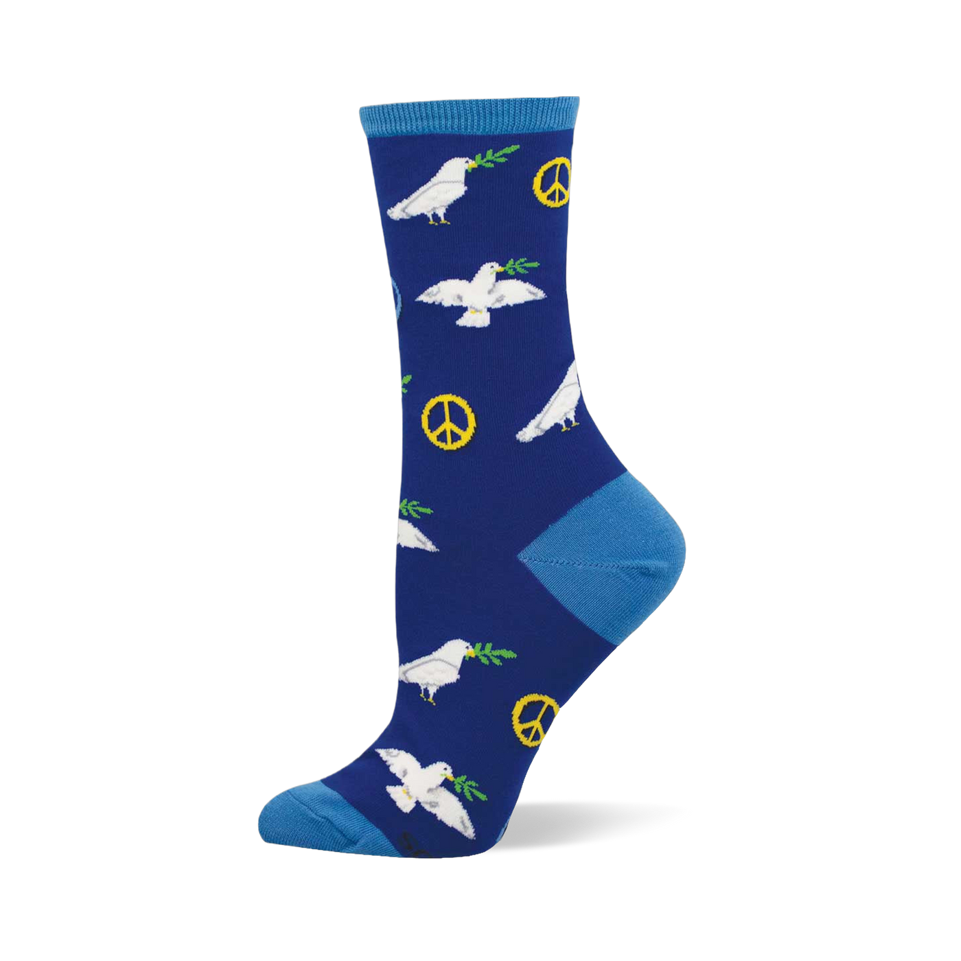 Royal blue crew sock with light blue accents, patterned with white flying doves carrying olive branches and yellow peace signs.