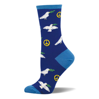 Royal blue crew sock with light blue accents, patterned with white flying doves carrying olive branches and yellow peace signs.