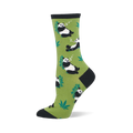 Crew sock with light green background, black cuffs/heel/toe, featuring black and white pandas smoking and green cannabis leaves.