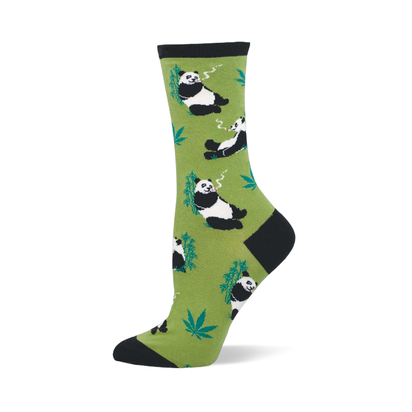 Crew sock with light green background, black cuffs/heel/toe, featuring black and white pandas smoking and green cannabis leaves.