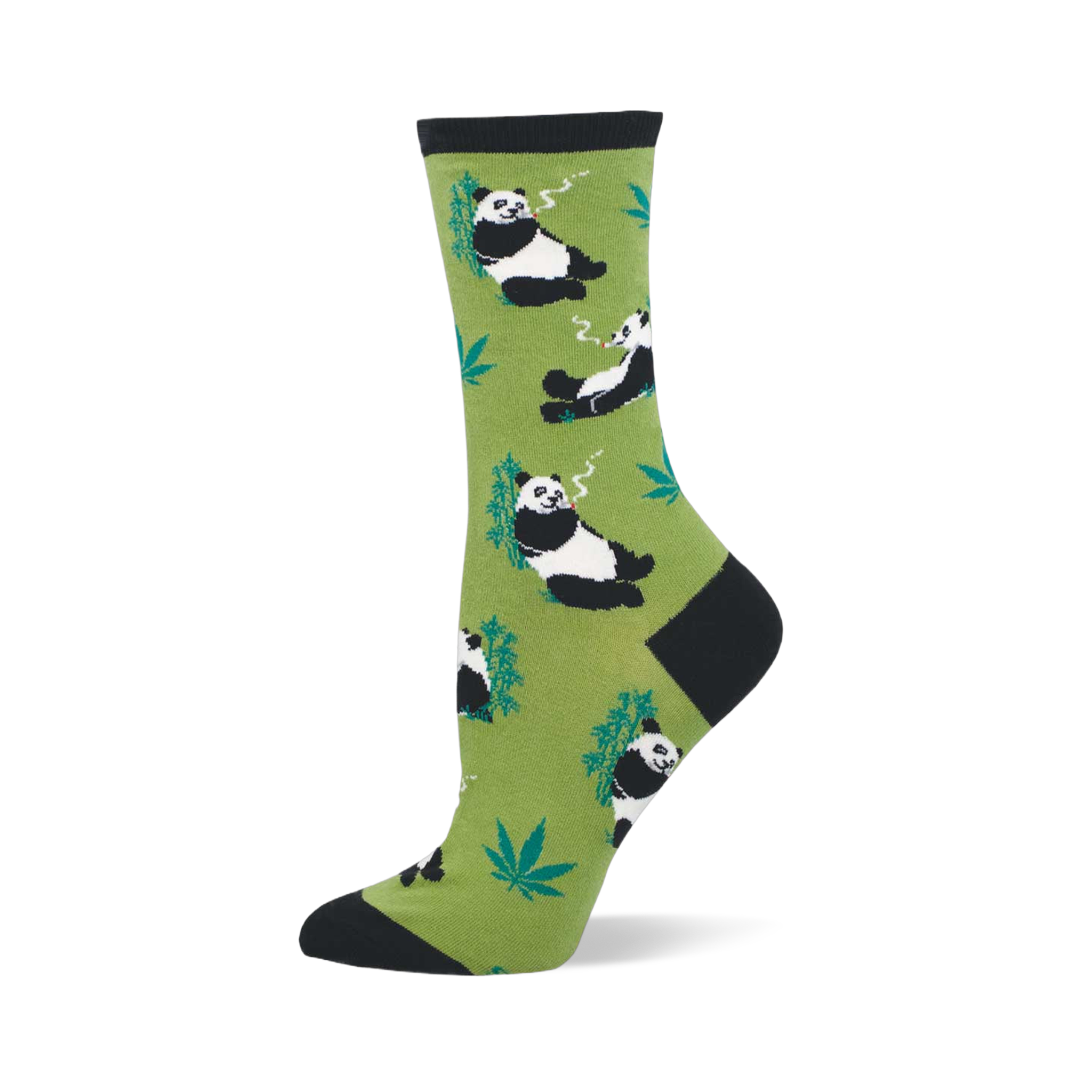 Crew sock with light green background, black cuffs/heel/toe, featuring black and white pandas smoking and green cannabis leaves.