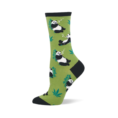 Crew sock with light green background, black cuffs/heel/toe, featuring black and white pandas smoking and green cannabis leaves.