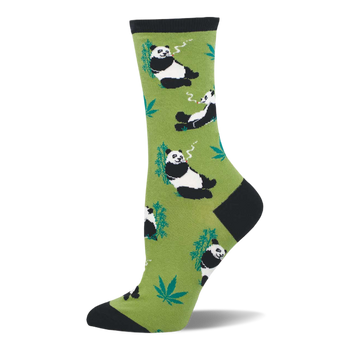 Crew sock with light green background, black cuffs/heel/toe, featuring black and white pandas smoking and green cannabis leaves.