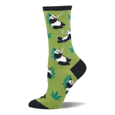 Crew sock with light green background, black cuffs/heel/toe, featuring black and white pandas smoking and green cannabis leaves.
