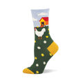 Crew sock with a farm scene: white hen, yellow chicks, red and yellow chicken coop, green field with flowers, blue sky, mustard yellow heel and toe.