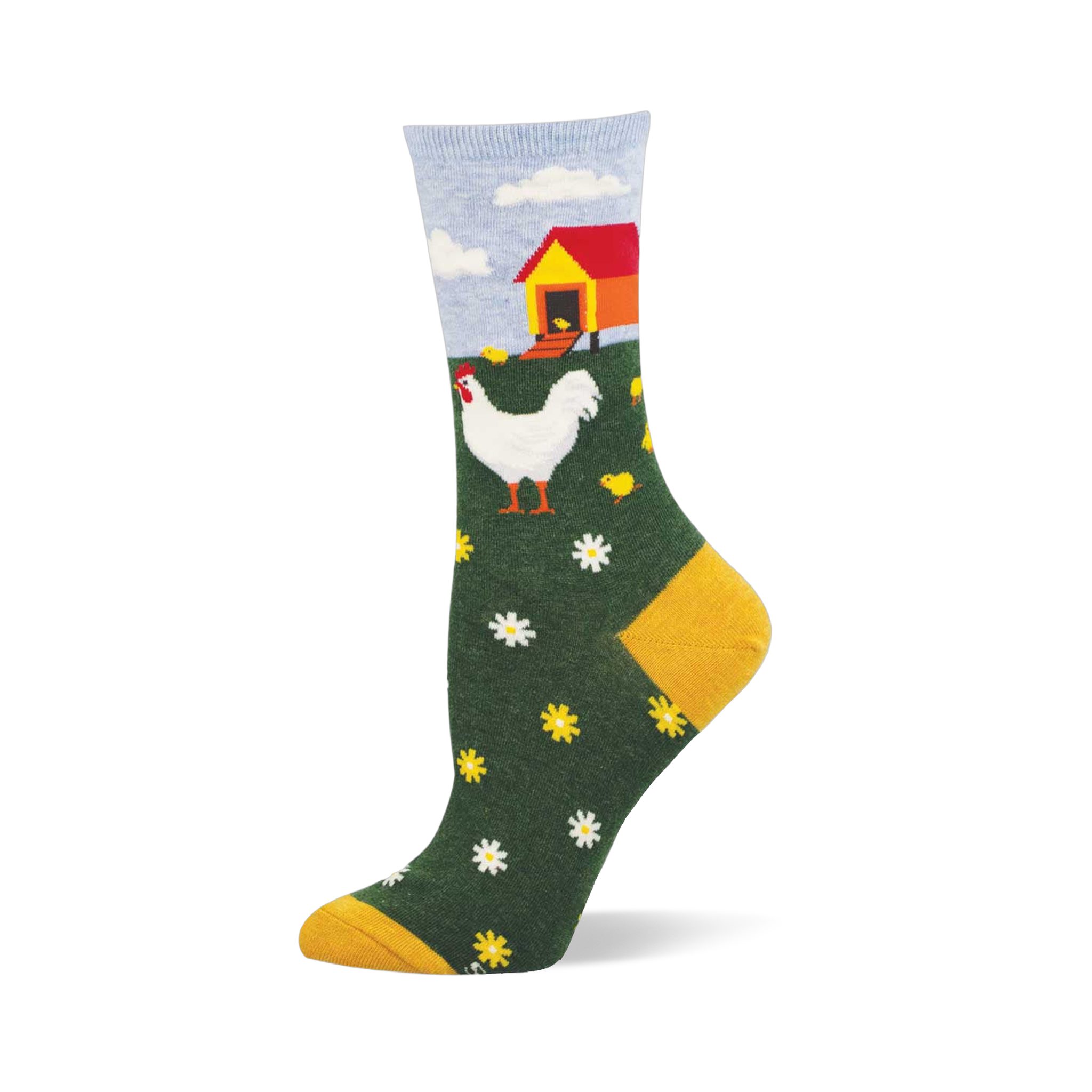 Crew sock with a farm scene: white hen, yellow chicks, red and yellow chicken coop, green field with flowers, blue sky, mustard yellow heel and toe.
