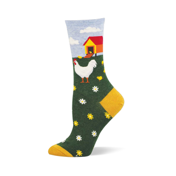 Crew sock with a farm scene: white hen, yellow chicks, red and yellow chicken coop, green field with flowers, blue sky, mustard yellow heel and toe.