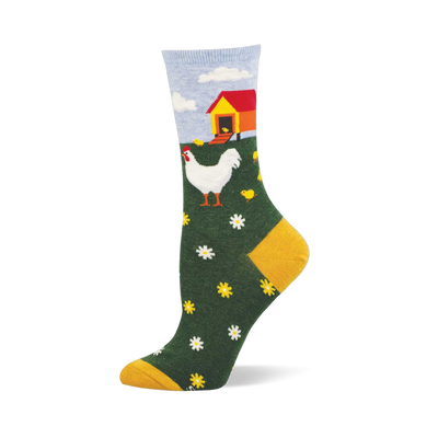 Crew sock with a farm scene: white hen, yellow chicks, red and yellow chicken coop, green field with flowers, blue sky, mustard yellow heel and toe.