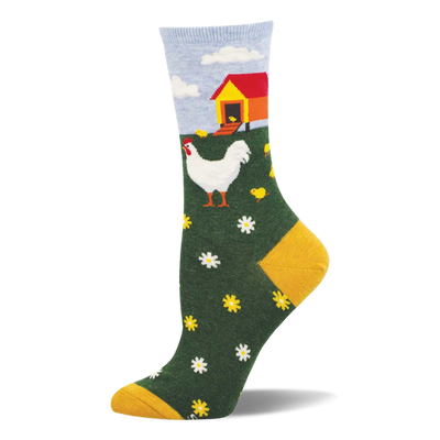 Crew sock with a farm scene: white hen, yellow chicks, red and yellow chicken coop, green field with flowers, blue sky, mustard yellow heel and toe.
