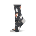 Crew sock with tricolor and brown Australian Shepherds and paw prints on a dark gray background. Light gray cuff, heel, and toe.