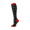 Black knee-high sock with red cuff, heel, and toe. Repeating pattern of white/red candy canes, green holly, red berries.