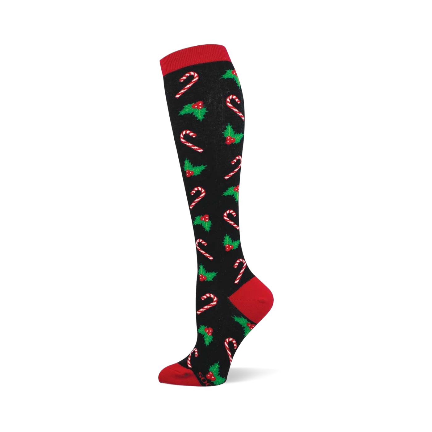 Black knee-high sock with red cuff, heel, and toe. Repeating pattern of white/red candy canes, green holly, red berries.