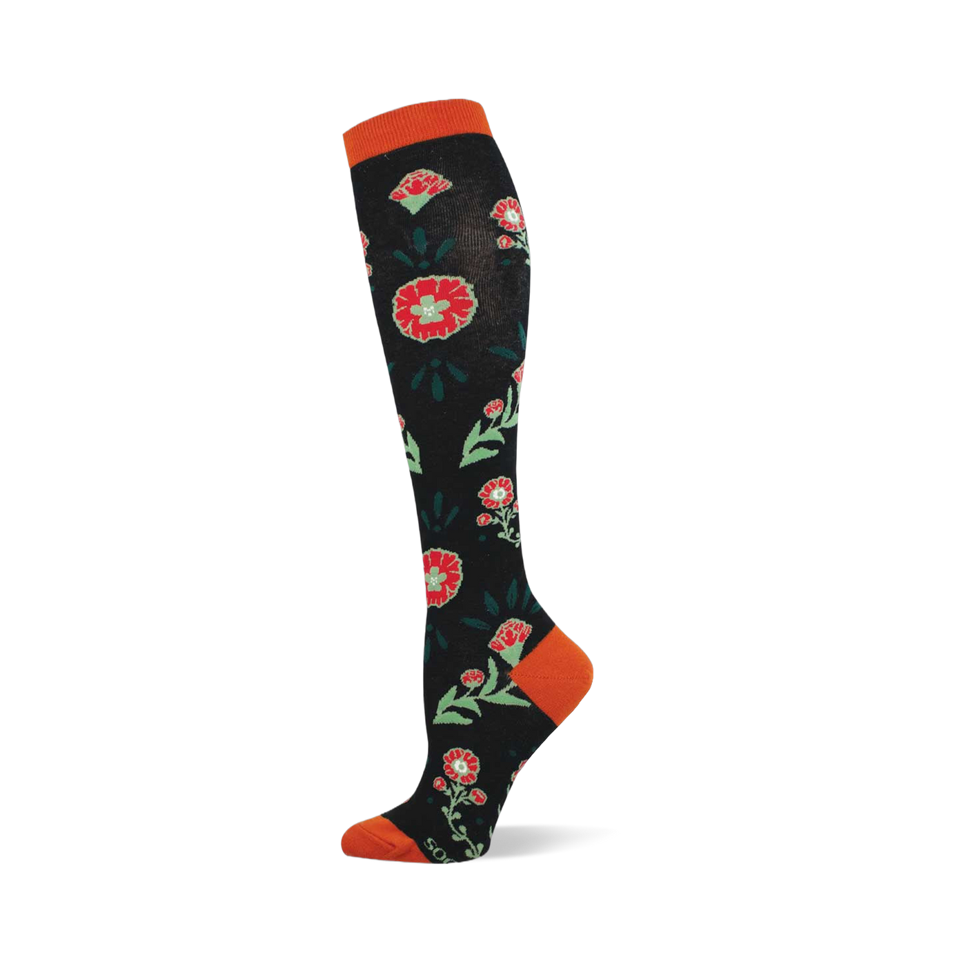 A knee-high black sock with a pattern of red flowers, light green centers, and dark green leaves. Features orange cuff, heel, and toe.
