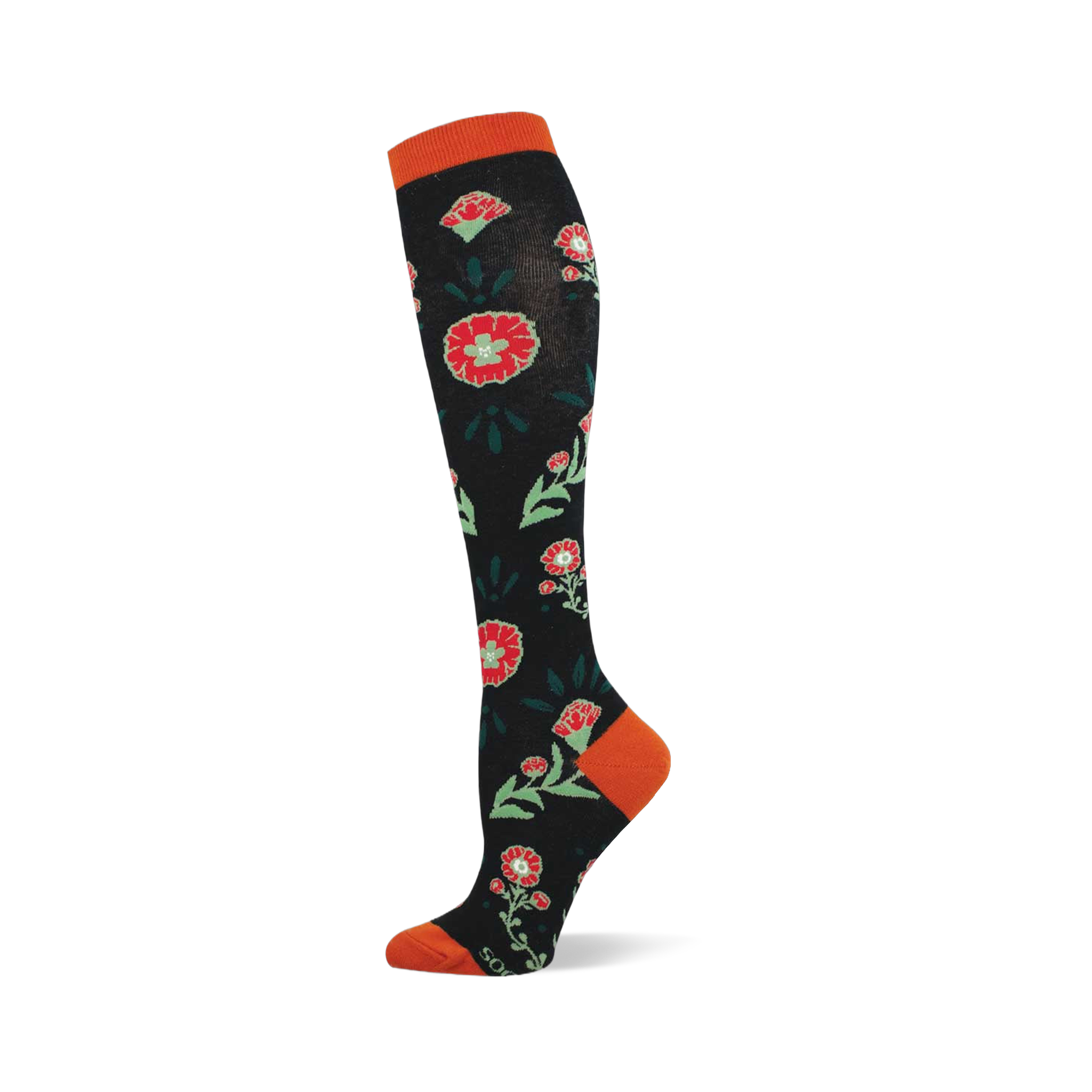 A knee-high black sock with a pattern of red flowers, light green centers, and dark green leaves. Features orange cuff, heel, and toe.