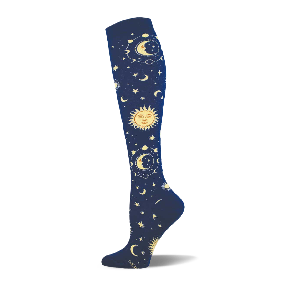 Knee-high sock in dark navy blue with an all-over pattern of golden suns, crescent moons, and stars with orbital rings.