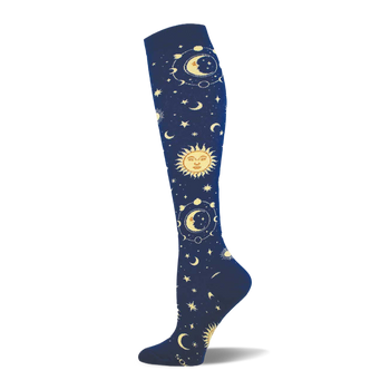 Knee-high sock in dark navy blue with an all-over pattern of golden suns, crescent moons, and stars with orbital rings.