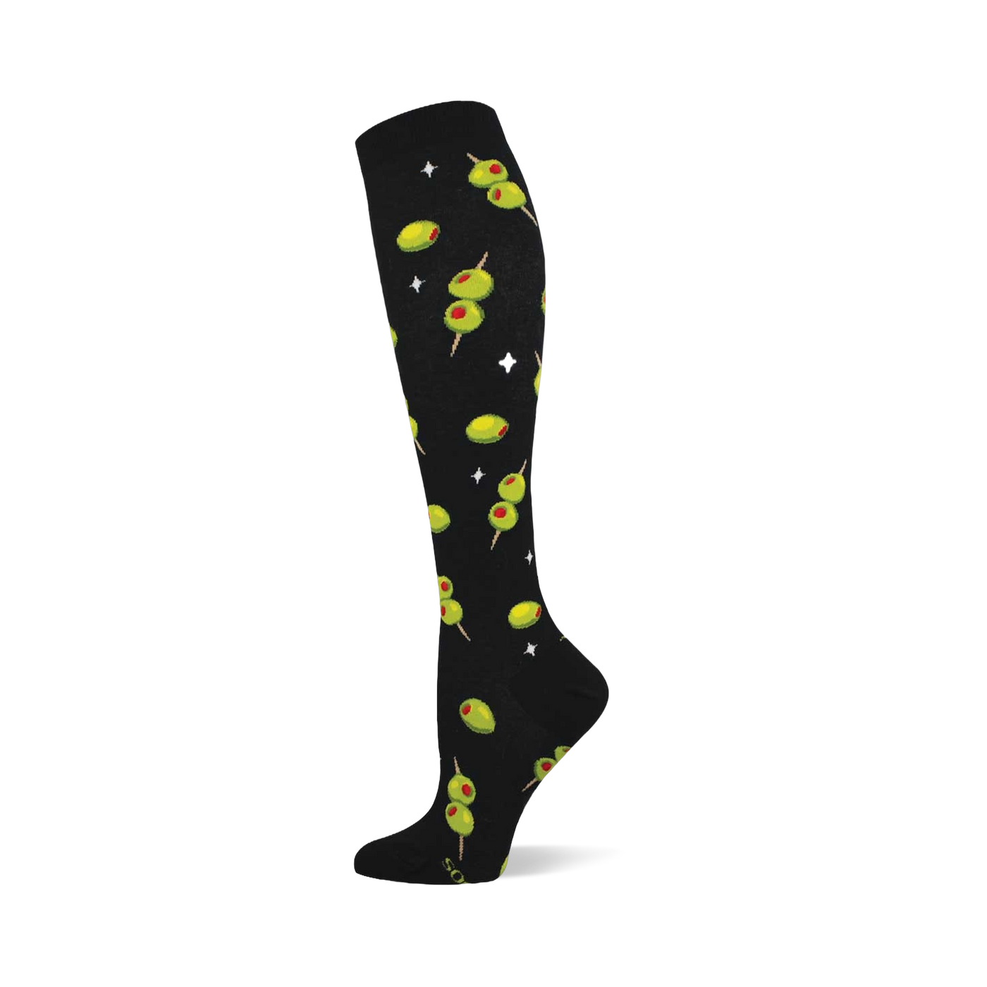 Black knee-high sock with a repeating pattern of green cocktail olives with red pimentos on skewers and white starbursts.